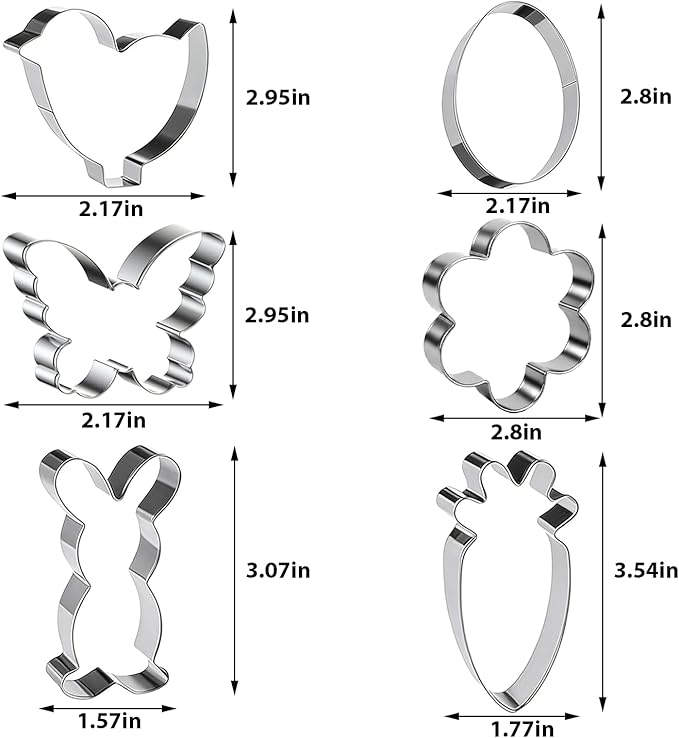 Easter Cookie Cutters 6 Pieces Metal cookie cutters Stainless Steel Sets Egg, Rabbit, Carrot, Chick, Butterfly, Daisy Shapes Cookie Cutter for Spring Holiday Baking