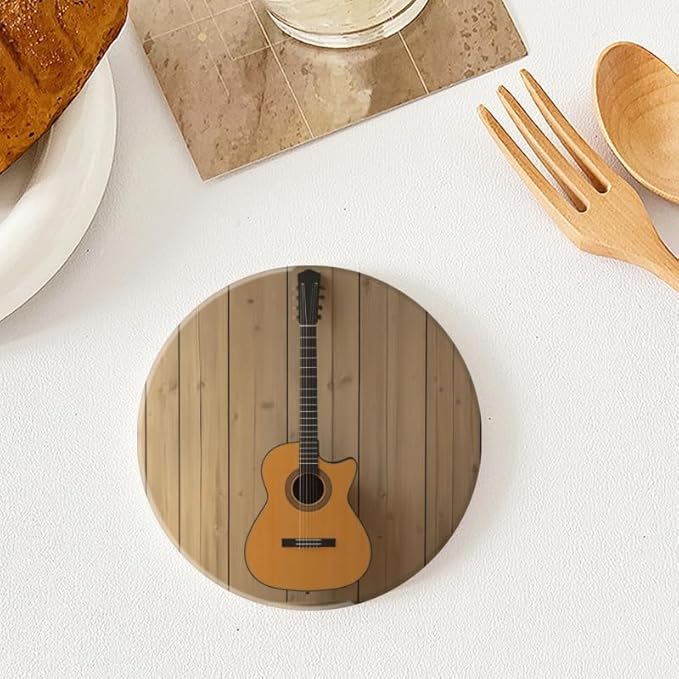 Ceramic Drink Coasters Absorbent Set of 1, Guitar Hanging on Wall Round Anti Slip Modern Cup Coasters for Desk Kitchen Office Housewarming Hostess Gifts (4 * 4 Inch)