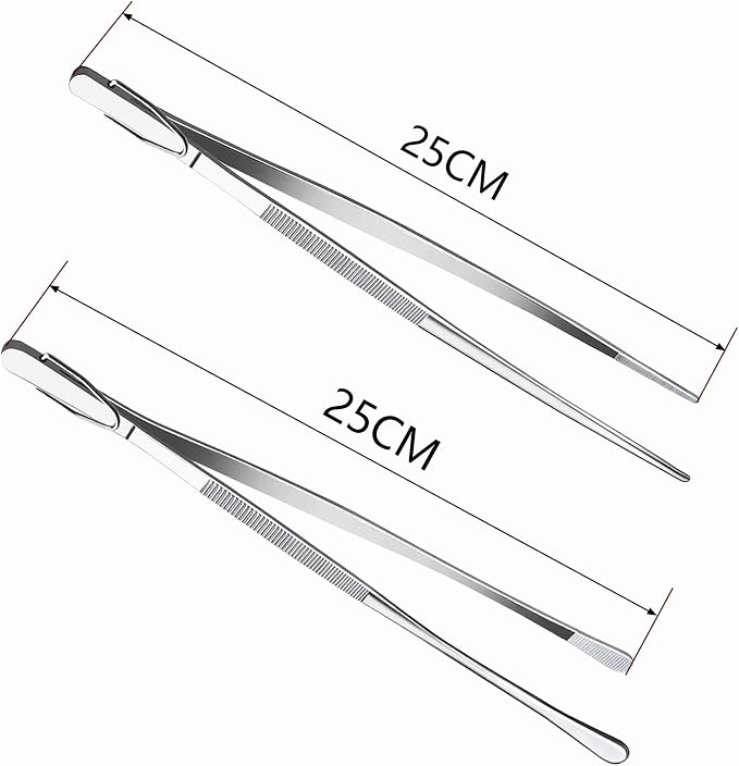 10-Inch Fine-Tip Kitchen Tweezers Tongs, Extra-Long Stainless Steel Cooking Tweezers Dishwasher Safe for Grilling, Baking & Food Prep (2 Parks 10In BBQ Tongs w/Hook)