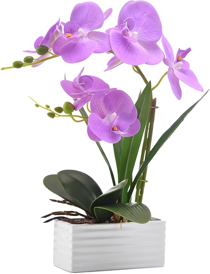 Artificial Real Touch Orchid Flowers in Pot Fake Phalaenopsis Flower with White Ceramic Vase Faux Orchids Arrangement for Home Table Office Wedding Party Decoration (Purple)