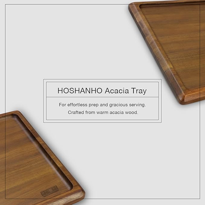 HOSHANHO Large Acacia Wood Serving Tray, 16 x 10 Inch Extra-Long Charcuterie Board with Non-Slip Rubber Pads, Wooden Platter for Entertaining, Snack Plate, Dining Decor