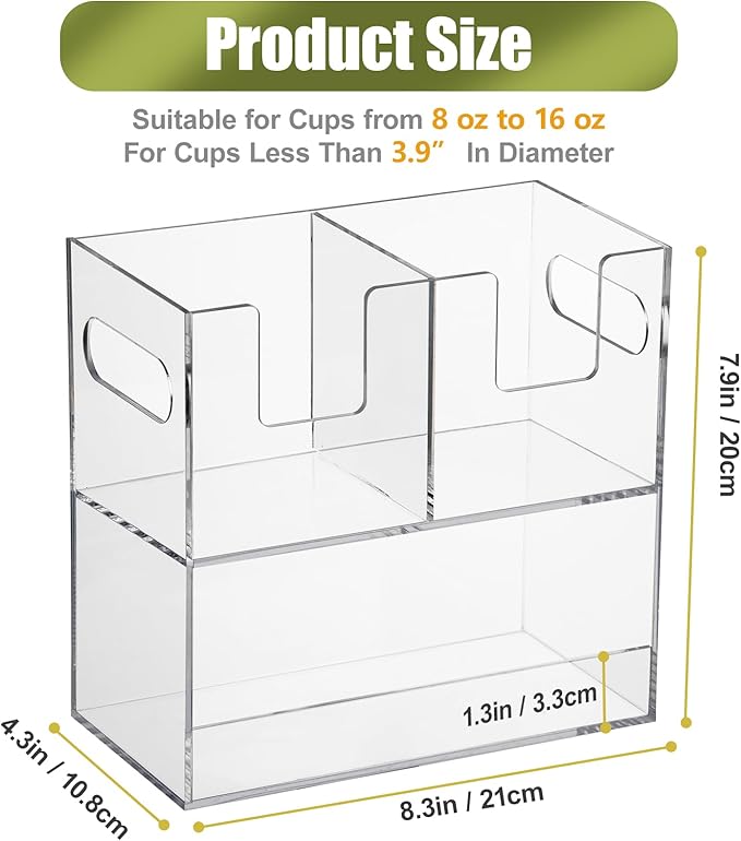 MYITYARD Cup Storage Organizer, Coffee Station Caddy, Clear Acrylic Cup and Lid Holder, Coffee Condiment Bar Accessories for Pods, Sugar, Creamer, Syrup, 3 Compartments, 8.3 x 4.3 x 7.9 Inches