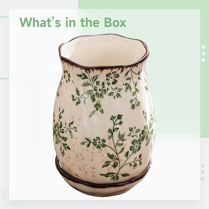 Farmhouse Utensil Holder, Floral Ceramic Chopstick Organizer, White & Green Flower Pattern, Vintage Kitchen Countertop Decor, 5.9 In