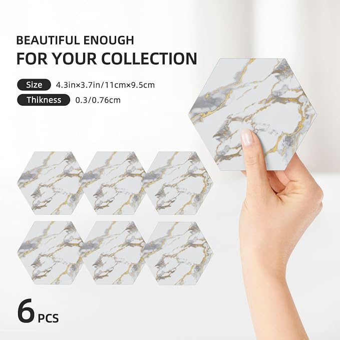 White Gold Marble Set of 6 Drinks Ceramic Coasters with Holder Funny Absorbent Cup Coasters with Cork Desk Table Protection Coffee Table Decor