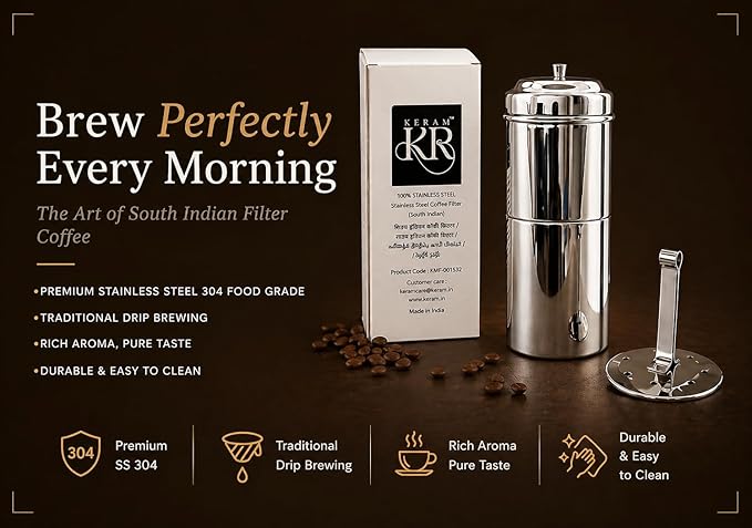KERAM coffee filters indian style big/drip coffee maker/south indian-750 ml(25.36 Oz) 12-15 cup-coffee bar accessories-madras coffee filter for camping-hiking reusable/permanent slow metal filter