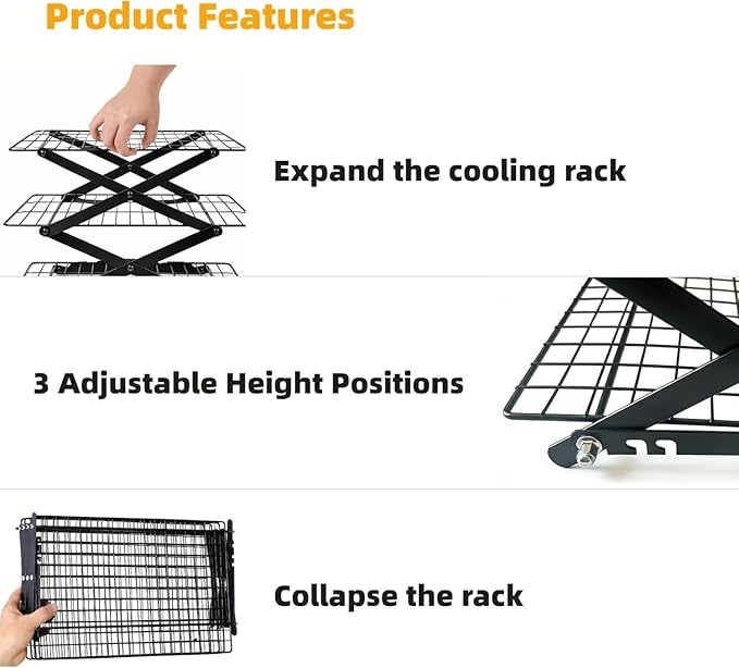 3 Tier Collapsible Cooling Rack, Adjustable Stackable Wire Cooling Racks for Baking, Tight-Grid Cookie Cooling Rack, Space-Saving Baking Rack for Small Kitchen, Camping & BBQ