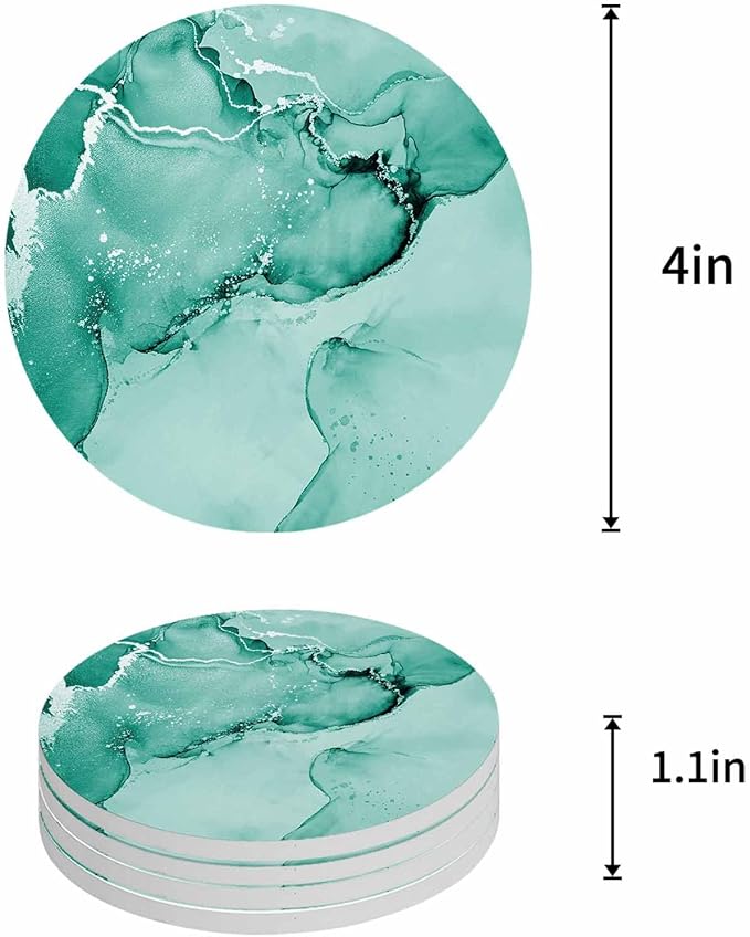 Coasters Set of 4 Turquoise Marble Drink Coasters with Holder Absorbent Stone Ceramic Cup Mat Abstract Waves Cloud Coaster for Drinks Coffee Bar Office Kitchen Cafe Home Table Decor