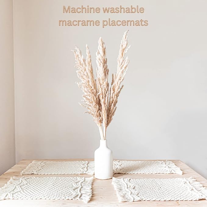 SnugLife Macrame Placemats Set of 6 - Handmade Cotton Woven Boho Placemats - Modern Farmhouse Fringe Placemats for Dining Table, Kitchen, Bohemian Wedding Décor, Rustic Natural Off White, 12”x20”