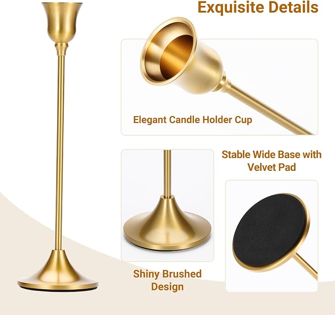 Tifanso Taper Candle Stick Holder - 3PCS Brass Gold Pillar Tall Candlestick Holders Metal Vintage Decor Dinner Table Dining Room Centerpieces Decorations for Wedding Fireplace Mantel Housewarming Gift