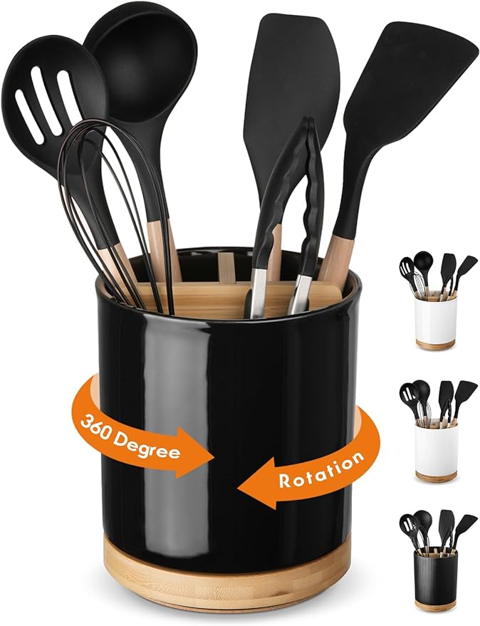 LoeJan 3 Compartment Utensil Holder, Extra Large Utensil Crock, Stable Ceramic Utensil Organizer, Cooking Tool Organizer Set for Kitchen Counter Farmhouse Decor (D-Black(Grossy))
