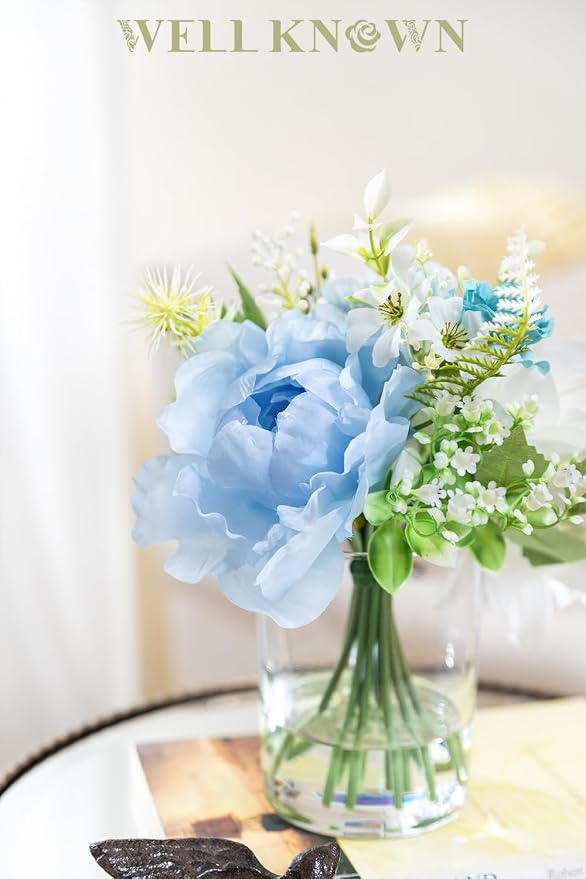 WELL KNOWN Artificial Flowers in Glass Vase with Fake Water, Silk Rose Dahlia Peony Flower Bouquet for Home Dining Coffee Table Office Hotel Wedding Party Lavatory Decor & Birthday Gift (Blue & White)