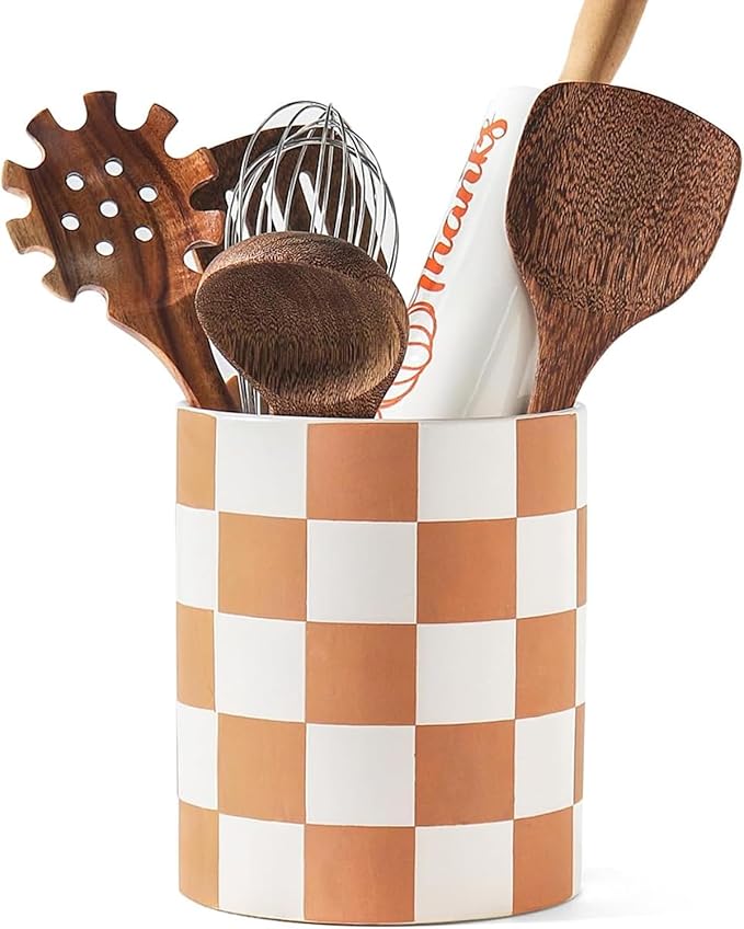 Utensil Holder，7.2 Inch Checkered Utensil Holder, Ceramic Cooking Utensil Spoon/Spatula Holder for Countertop, Kitchen Decor and Accessories for counte(Brown)