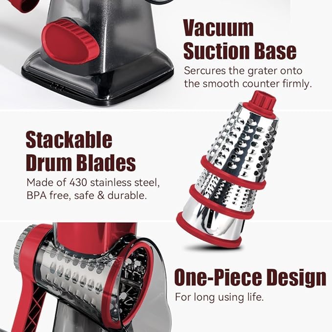 KEOUKE Rotary Cheese Grater Pro 6 in 1 - Shredder Crinkle Slicer Grinder Ice Shaver, Stable Suction, Time-saving Easy Use & Clean, Safe Morden Kitchen Tool for Cheese, Vegetable, Nuts, Chocolate