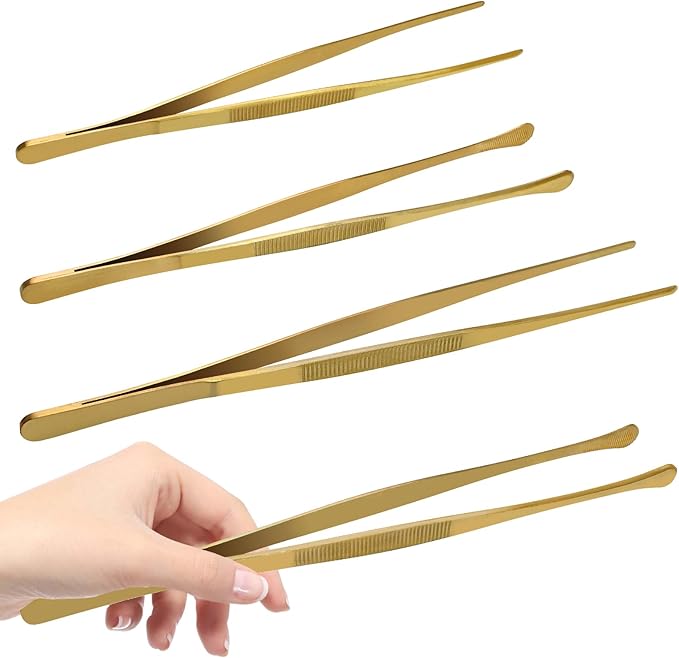 12 Inch & 10 Inch Fine Long Tweezers Tongs Stainless Steel, Gold Professional Kitchen Tweezers Tongs for Cooking, BBQ, Plating, Repairing (Pack of 4)