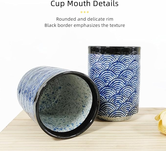 Japanese Ceramic Cup 10 oz No Handle Coffee Mug Teacups Set of 2 for All Kinds of Coffee and Drinks (Blue)