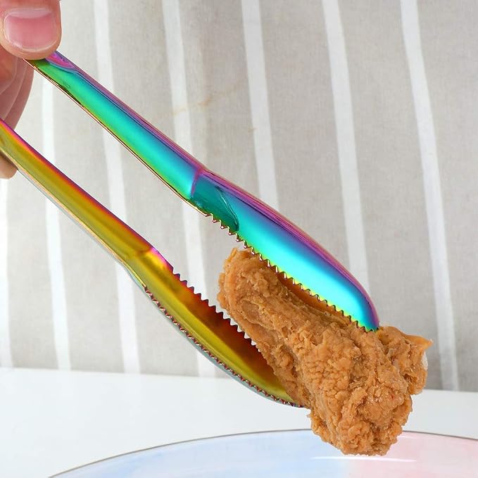 Stainless Steel Cooking Tongs for Frying, 9 Inches Serving Tongs Appetizers Charcuterie with Teeth for Parties, Food Tongs Kitchen Tongs for Nonstick Cookware, Set of 2 (Rainbow)