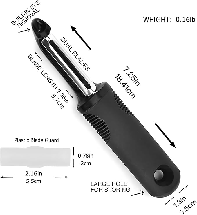 Swivel Vegetable Peeler with Non-Slip Ergonomic Handle,Rust-Proof Steel Blades,Built-in Potato Eye Remover,Plastic Blade Guard,Kitchen Peeler for Potato Carrot Apple Veggie Fruit (Black)