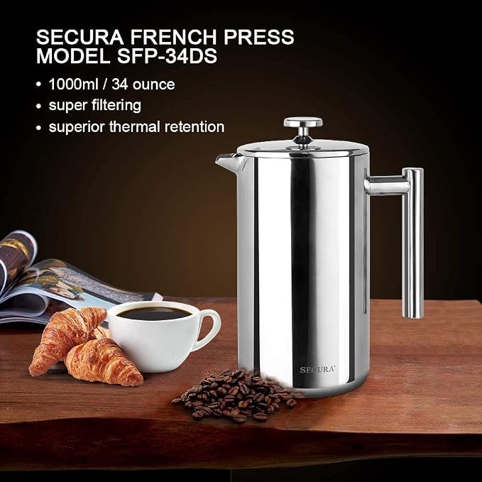 Secura French Press Coffee Maker, 304 Grade Stainless Steel Insulated Coffee Press with 2 Extra Screens, 34oz (1 Litre), Silver (Pack of 3)