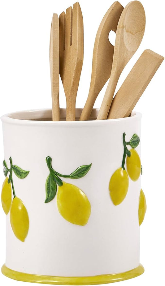 Bico Lemon Handpainted Stoneware 6 inch Utensil Holder, Dishwasher Safe, for holding Cooking Spatula, Utensil
