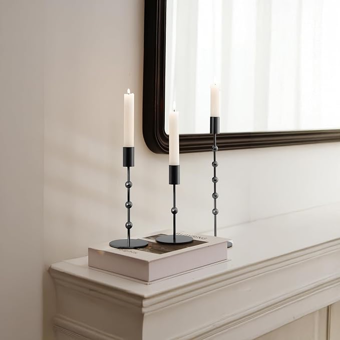 Black Candlestick Holders, Beaded Metal Taper Candle Stick Holders, Set of 3 Candle Holder for Fall Decorations, Tapered Candle Holders, Thanksgiving Table Centerpiece, Halloween Gothic Decor