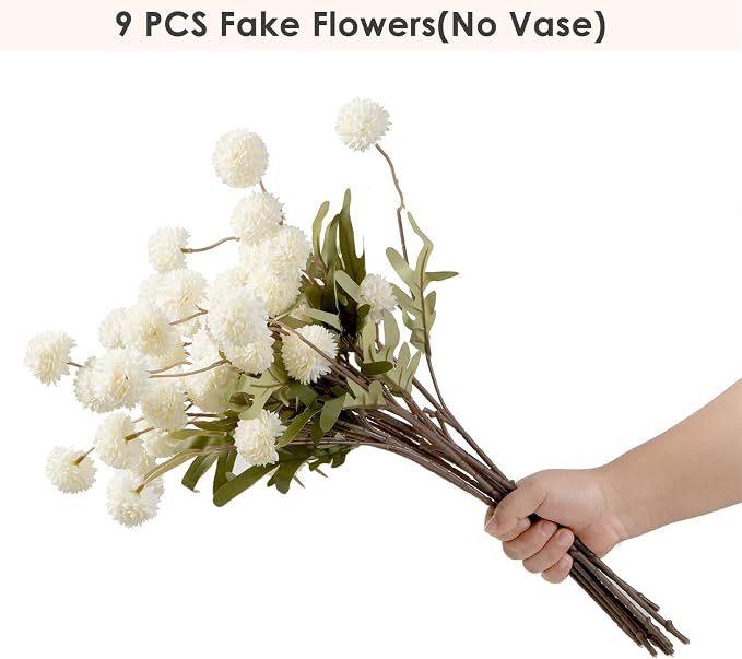 trytuny Fake Fall Flowers for Vase, Faux Silk Kiku Mums, Artificial Pom pom Floral Bouquets Indoor Centerpiece Office Coffee Table Boho Home Decorations (9, White)