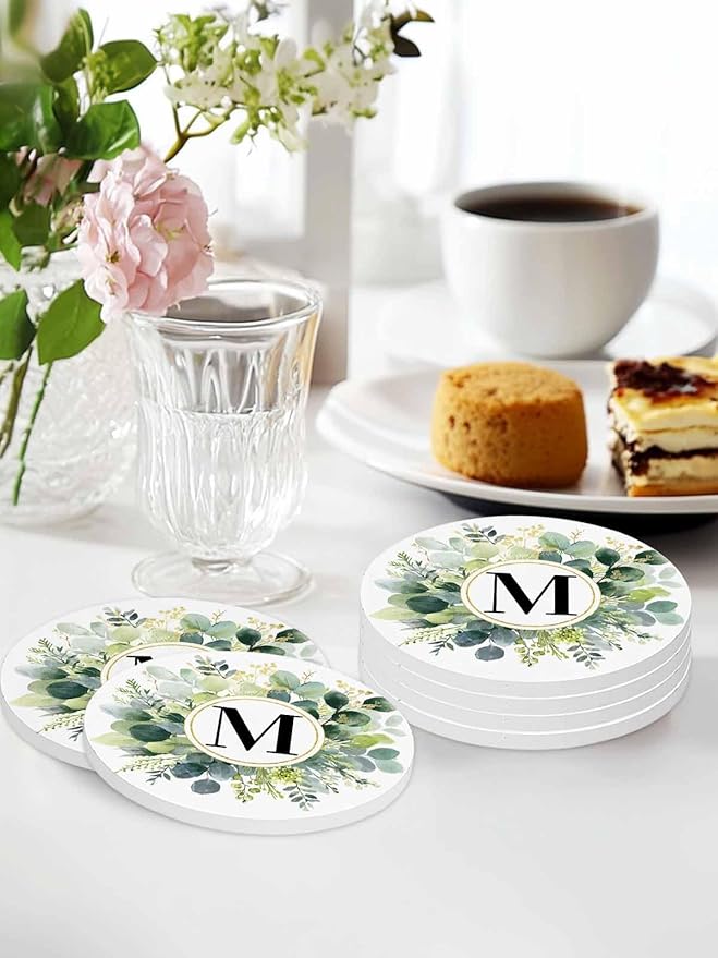 Coasters Set of 4 Letter M Drink Coasters with Holder Absorbent Stone Ceramic Cup Mat Alphabet Green Eucalyptus Leaves Coaster for Drinks Coffee Bar Office Kitchen Cafe Home Decor