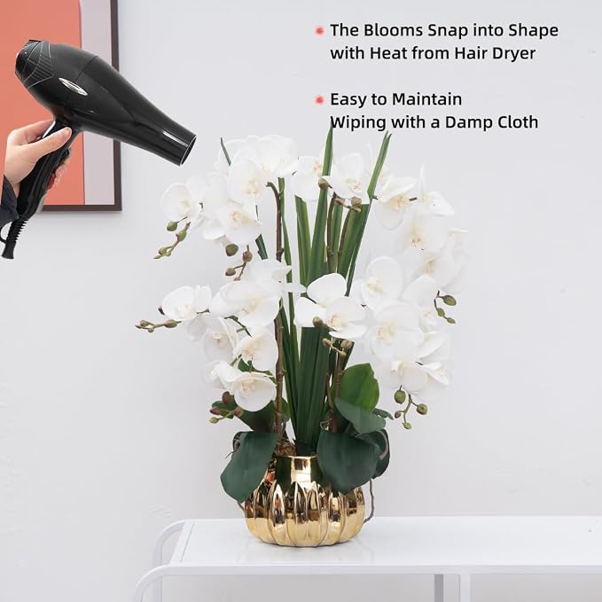 CXGS Artificial Orchid Flower Real Touch Faux Orchids in Ceramic Vase Large 22.9'' Fake Flowers White Phalaenopsis Floral for Home Indoor Decor