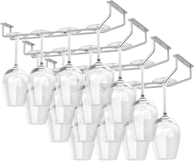 FOMANSH 14-Inch Under Cabinet Wine Glass Holder - Metal Stemware Hanger, Single Rail Wine Glass Hanging Rack for Kitchen Bar - Set of 4