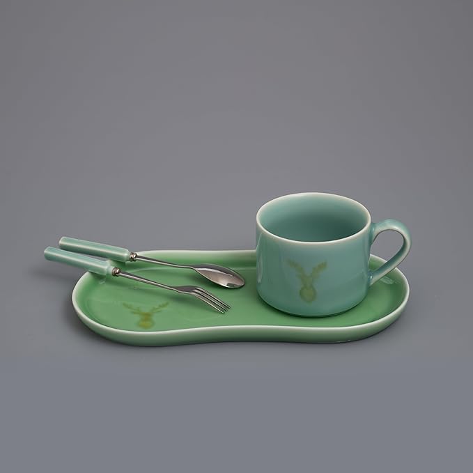 Longquan UNESCO Heritage Celadon Coffee Set Double-Glazed – Handcrafted Song Dynasty, Sky Blue & Plum Green Glaze, 310ml 4-Piece Set with Spoon & Fork, Gift Box (1, BLUE)