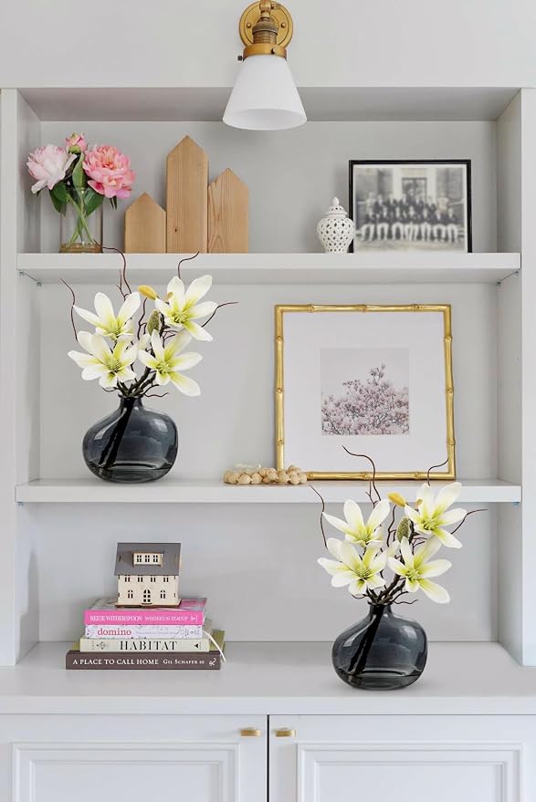 Briful 2PACK Artificial Magnolia Flowers with Grey Glass Vase, Small Faux Magnolia Arrangement Realistic Silk Flowers for Elegant Home Table Shelf Bathroom Decor