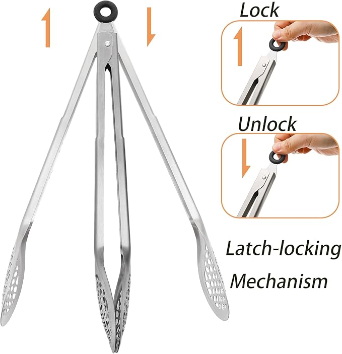 TOPZEA 4 Pack 12 Inch Stainless Steel BBQ Tongs, Heat Resistant 600°F Locking Kitchen & Grill Cooking Tongs, Long Barbecue Frying Tong Multi-Purpose Buffet Food Tong for Flipping, Grilling, Serving