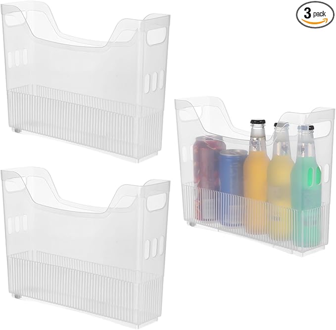3 Pcs Freezer Drawer Organizer Bins - Clear Plastic Pantry Organizers with Wheels, Tall Narrow Kitchen Organization Rolling Freezer Bins for Bottom Freezer, Storage Containers for Home, Office
