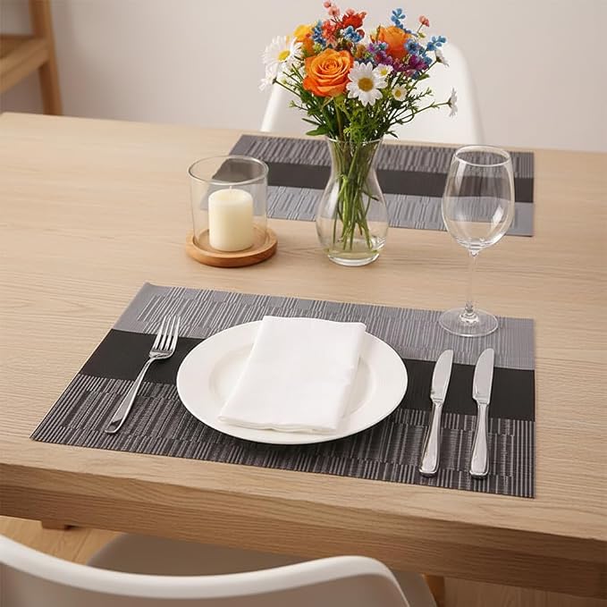 Wipeable PVC Vinyl Woven Table Placemat,Set of 6,Heat-Resistant Dining Mats for Kitchen, Indoor Outdoor Use,12×17 Inch,Silver Gray Gradient
