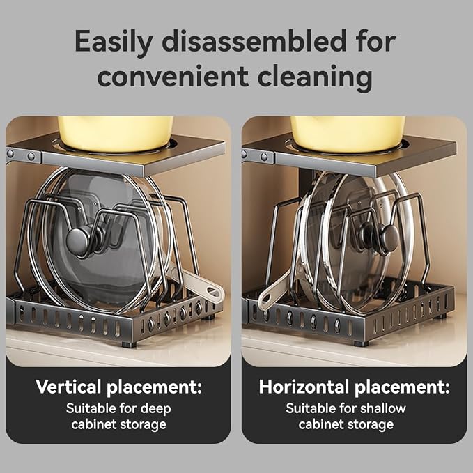 Adjustable Pots and Pans Organizer under Cabinet No Drill Storage Rack Pan Pot Organizers inside Cabinet 16.5" Height Kitchen Organization for Cookware (Grey)