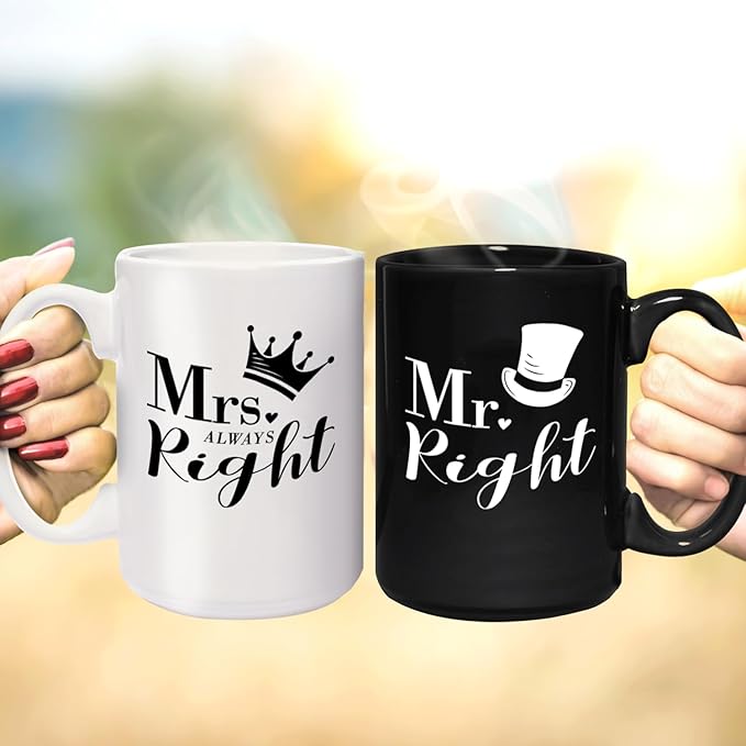 Mr. Right And Mrs. Always Right Mugs / 2 Jumbo 15 Ounce Black And White Matching Ceramic Mugs / Funny Couples Wedding Coffee Cup Present Set / One Black Mug One White Mug Relationship Cup Pair