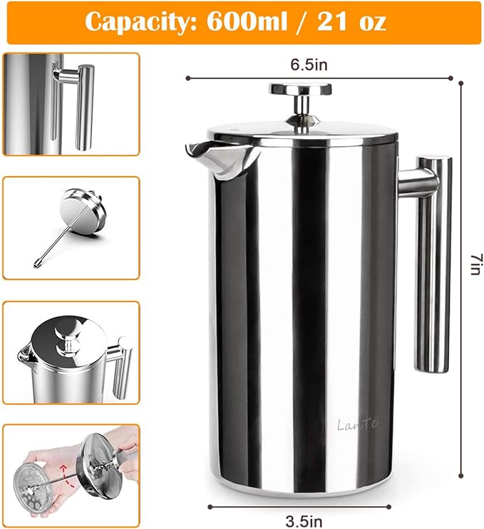 LANTE French Press, 600ml Double Insulated 304 Stainless Steel Coffee Tea Maker 4 Level Filtration System, No Coffee Grounds, Rust-Free, Dishwasher Safe for Single Use