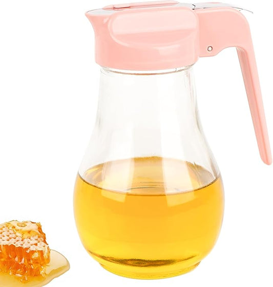 13.5oz Glass Syrup Dispenser with No-Drip Stainless Steel Spout - Honey Jar, Maple Syrup Pourer & Oil Cruet - Pink Kitchen Container for Pancakes & Waffles