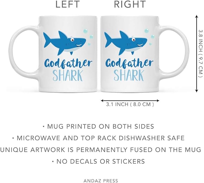 Andaz Press Baby Shark Family 11oz. Coffee Mug Gift Set, Godmother Shark, Godfather Shark, 2-Pack, Shark Do Do Do Gift Idea Birthday Christmas Gifts