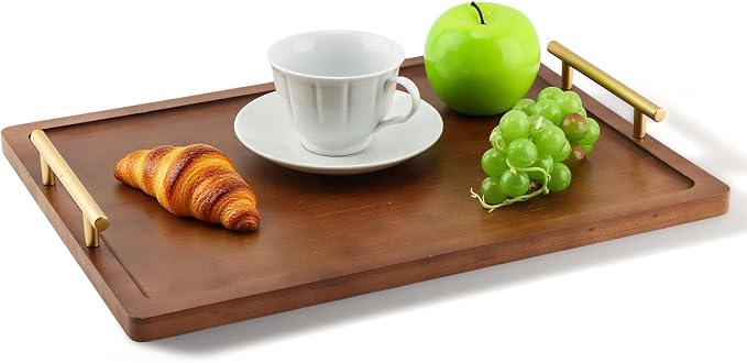 Wooden Serving Tray, 17x12In Wooden Food Drinks Tray with Metal Handles for Coffee Table, Breakfast, Dinner & Bar, Rustic Decorative Ottoman Tray for Kitchen, Parties