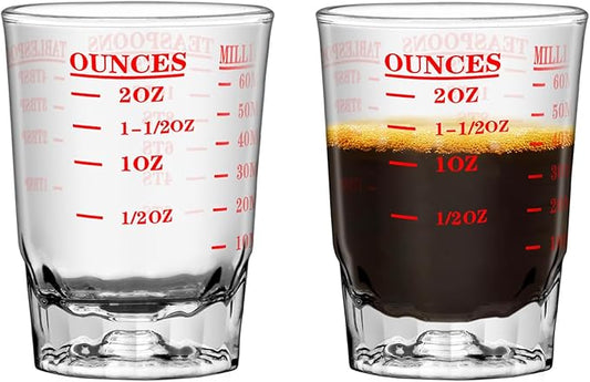 2Pcs 2 OZ 4 Features Shot Glasses Measuring cup Liquid Heavy Glass Wine Glass Espresso Shot -Incremental Measurement Heavy 60ML (2, red)