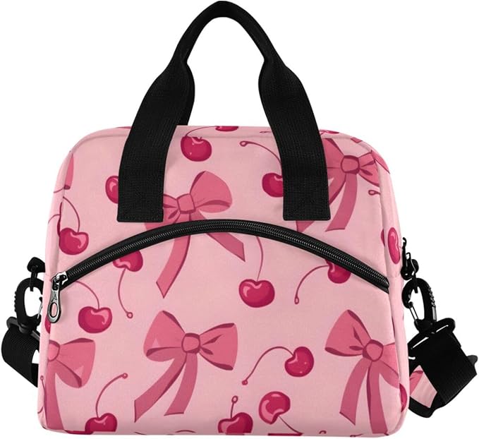 ALAZA Bow Cherry Pink Insulated Lunch Bag for Women Reusable Lunch BoxCooler Tote Bag with Shoulder Strap Men Picnic School Lunchbox