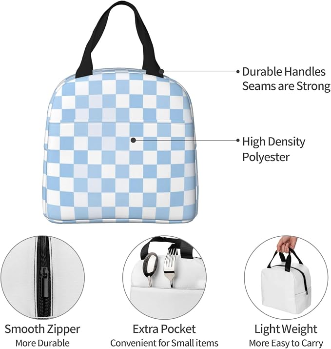 Insulated Lunch Bag Checkerboard Pattern Pastel Blue, Leakproof Lunch Tote for Work School, Reusable Lunch Box Cooler for Adults Students, Compact Lunch Bag for Office College Picnic