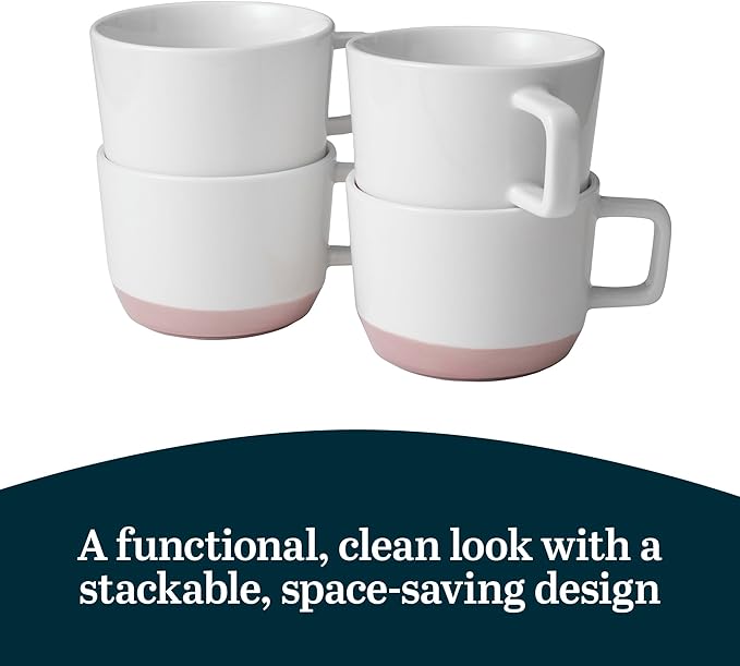 Libbey Austin Himalayan Pink Porcelain Coffee Mugs, Modern Colorblocked Large Coffee Mugs Set of 4, Stackable Ceramic Mug Set for Holidays, Daily Use