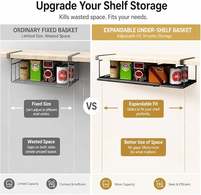 Under Shelf Basket Storage, Expandable Black Metal Cabinet Organizer | Expands 15.2–27.8in Metal Mesh Basket No Drill Installation Under Cabinet Organizer for Kitchen Pantry, Cabinet, Laundry Room