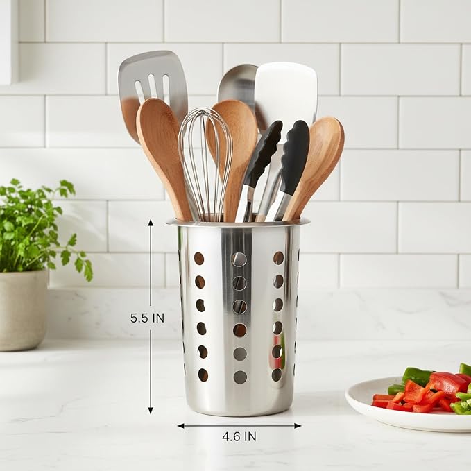 Stainless Steel Utensil Crock for Kitchen Countertop, Rust-Resistant Cutlery Holder for Spatulas and Spoons, Easy to Clean Storage Container