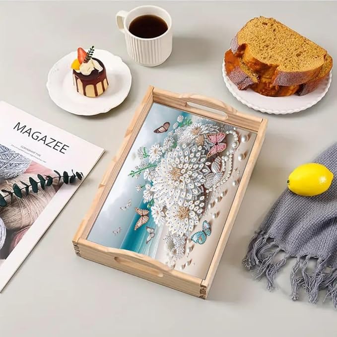 DIY Diamond Serving Tray Diamond Art Painting Creative Design Handmade Wooden Tray Dinner Plate for Coffee Breakfast Home Organizer-Beach Flowers