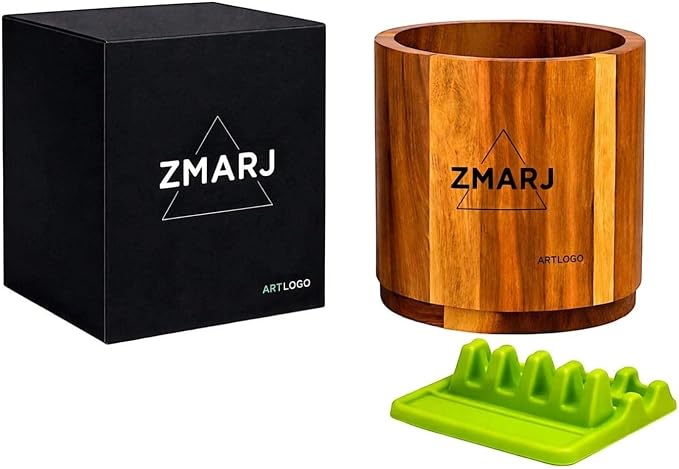 Acacia Wood Utensil Crock Pair With Green Spoon Rest Holder perfect for Kitchen Counter, Rotating 360° Wooden Utensil Holder, Countertop Decor, Utensil Organizer