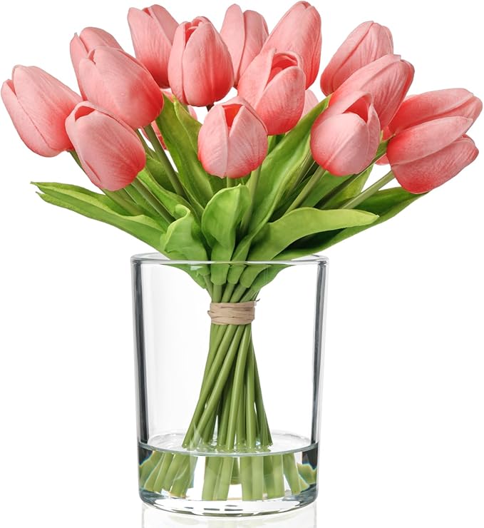 WELL KNOWN 20 Pcs Tulips Artificial Flowers in Vase, Real Touch Coral Pink Tulips with Glass Vase & Fake Water, Flower Arrangement Centerpiece for Dining Table Home Hotel Wedding Party Decor & Gift