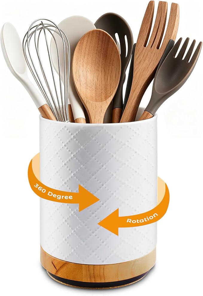 360° Rotating Kitchen Utensil Holder, 8.1" Large Utensil Crock, White Cooking Utensil Holder for Countertop with Countertop-Protection Cork Bottom for Farmhouse Kitchen Decor Christmas Gift