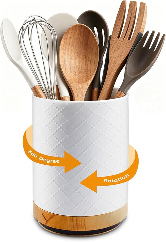 360° Rotating Kitchen Utensil Holder, 8.1" Large Utensil Crock, White Cooking Utensil Holder for Countertop with Countertop-Protection Cork Bottom for Farmhouse Kitchen Decor Christmas Gift